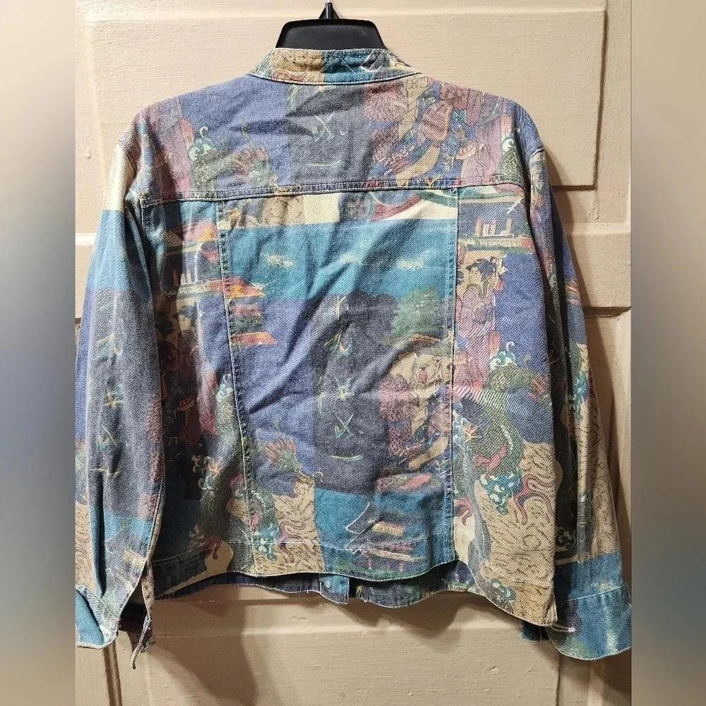 Chico's Design Vintage Japanese Art Print Button Up Denim Jacket - Picture 8 of 10